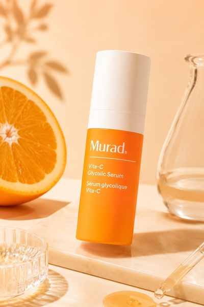 A clean, studio-lit hero shot of a Vitamin C Glycolic Serum bottle, positioned next to a sliced orange to emphasize natural ingredients and freshness.
